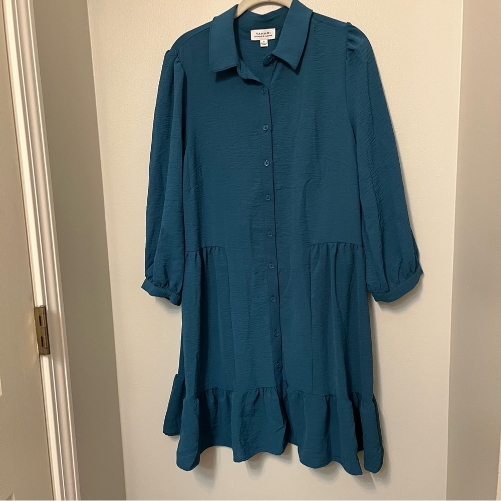 Tahari Arthur S Levine Teal Blue Long‎ Sleeve Dress Size 10 Workwear Peasant EUC